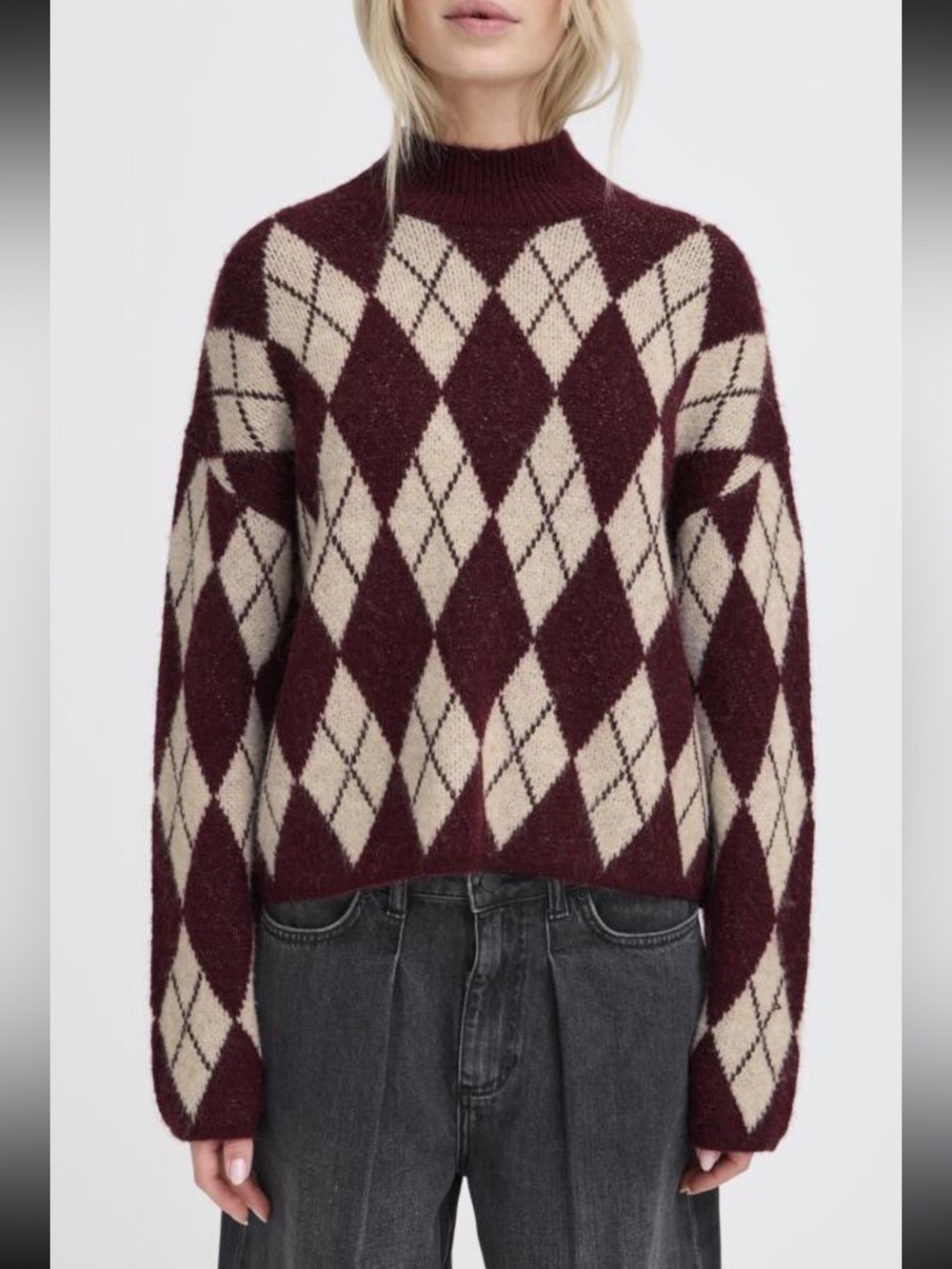 B.Young Burgundy Argyle Mock Neck Sweater NWT Small